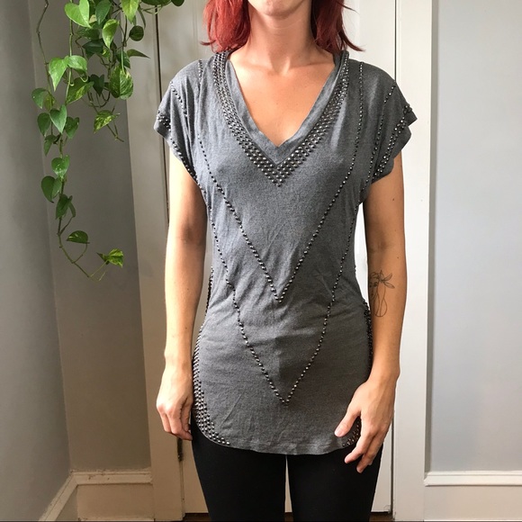 Haute Hippie Tops - Haute Hippie Grey Embellished Studded Shirt Top